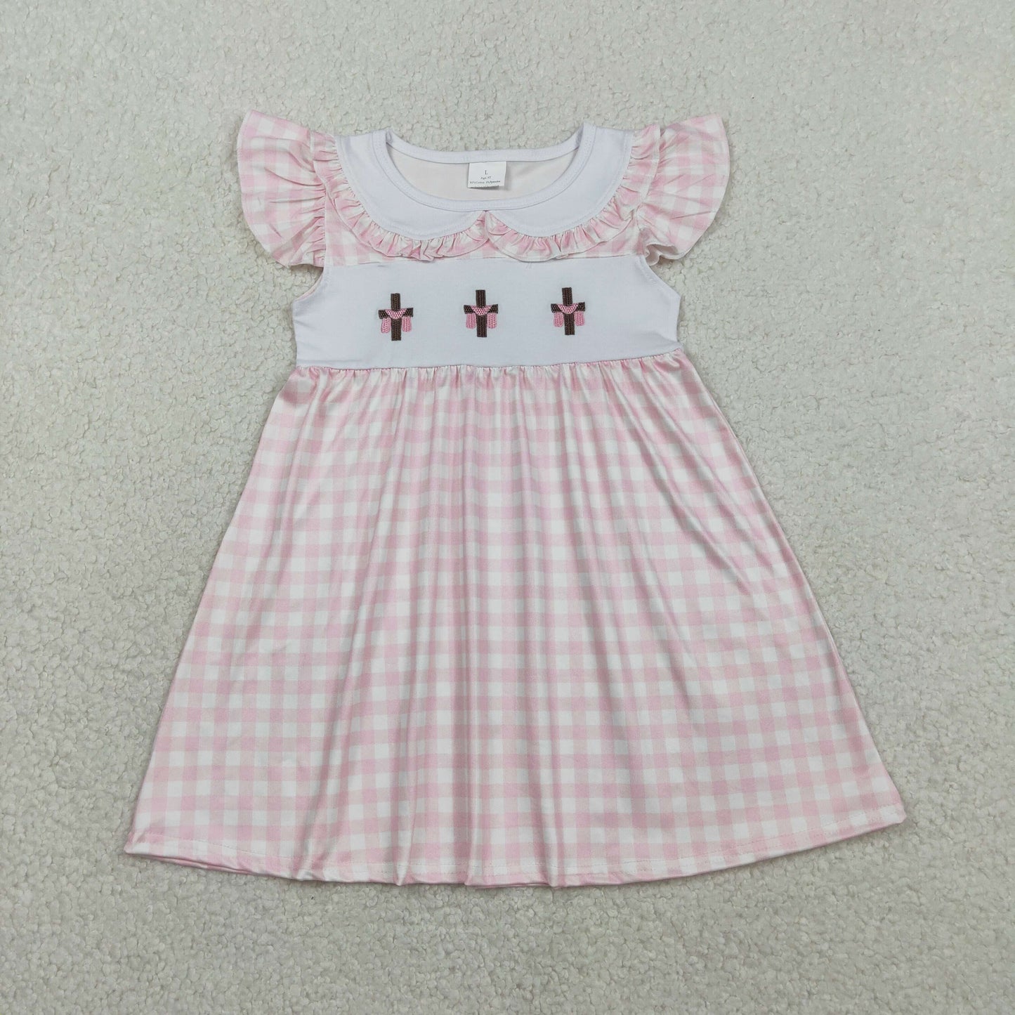 GSD3382 Baby Girls Pink Checked Embroidery Crosses Easter Collar Knee Length Dresses