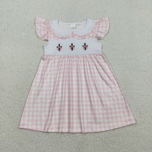 GSD3382 Baby Girls Pink Checked Embroidery Crosses Easter Collar Knee Length Dresses