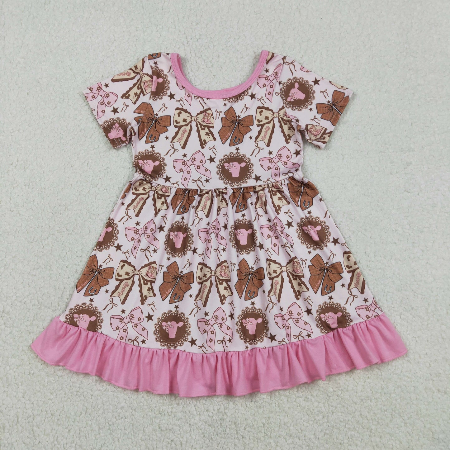 GSD3384 Baby Girls Bows Highland Cows Western Ruffle Knee Length Dresses