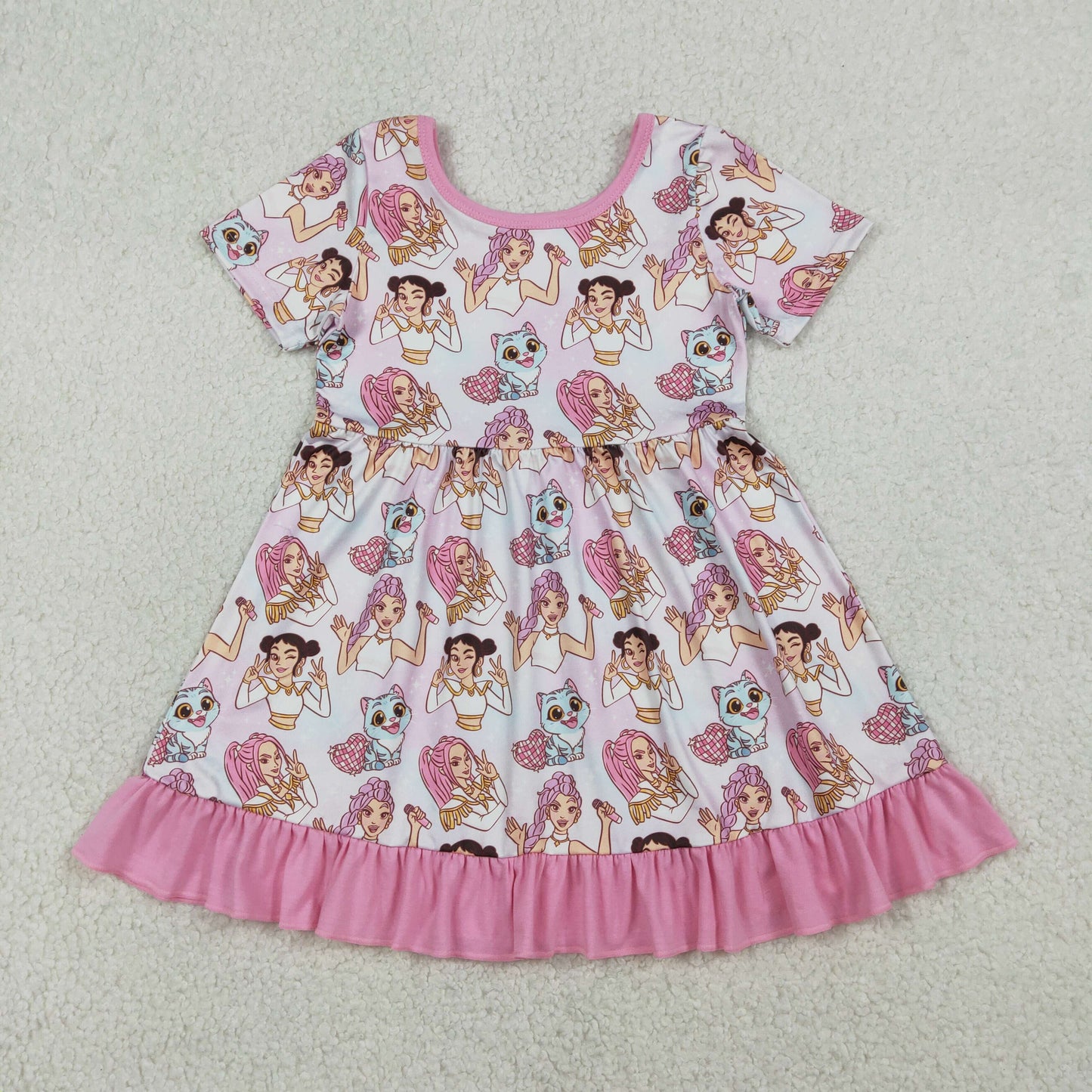GSD3394 Baby Girls Short Sleeve Cartoon Demon Hunter Ruffle Knee Length Dresses
