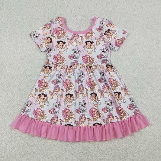 GSD3394 Baby Girls Short Sleeve Cartoon Demon Hunter Ruffle Knee Length Dresses
