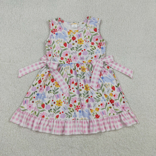 GSD3405 Baby Girls Colorful Flowers Rabbits Bows Easter Ruffle Knee Length Dresses
