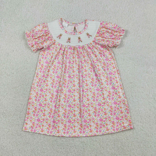 GSD3406 Baby Girls Smocked Bows Rabbits Easter Knee Length Dresses