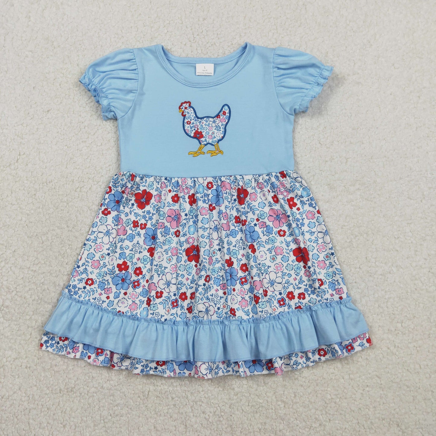 GSD3418 Baby Girls Short Sleeve Embroidery Floral Chick Farm Ruffle Knee Length Dresses