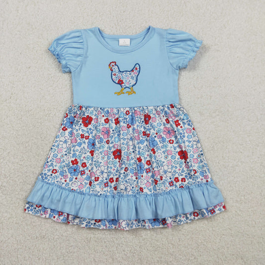 GSD3418 Baby Girls Short Sleeve Embroidery Floral Chick Farm Ruffle Knee Length Dresses