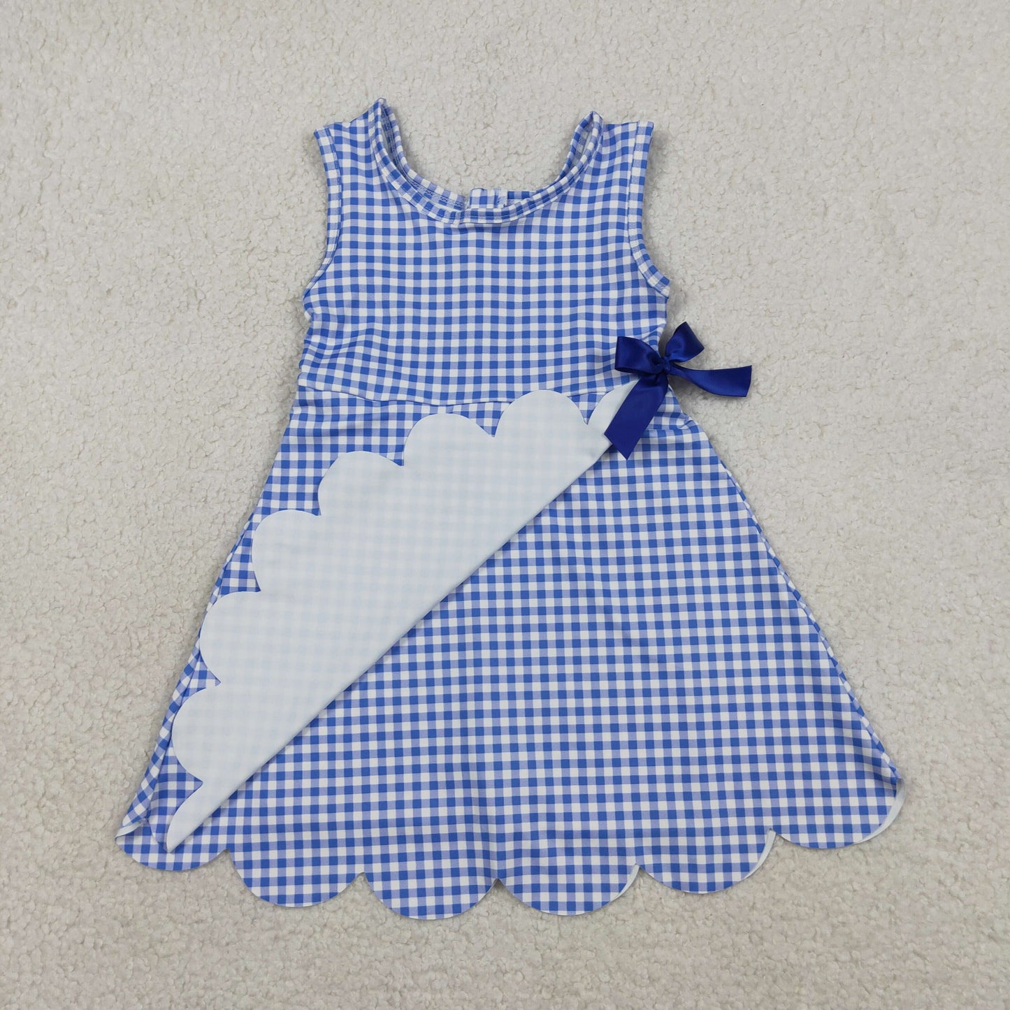 Sibling Baby Girls Blue Orange Checked Yoga Active Shorts Scallop Knee Length Dresses