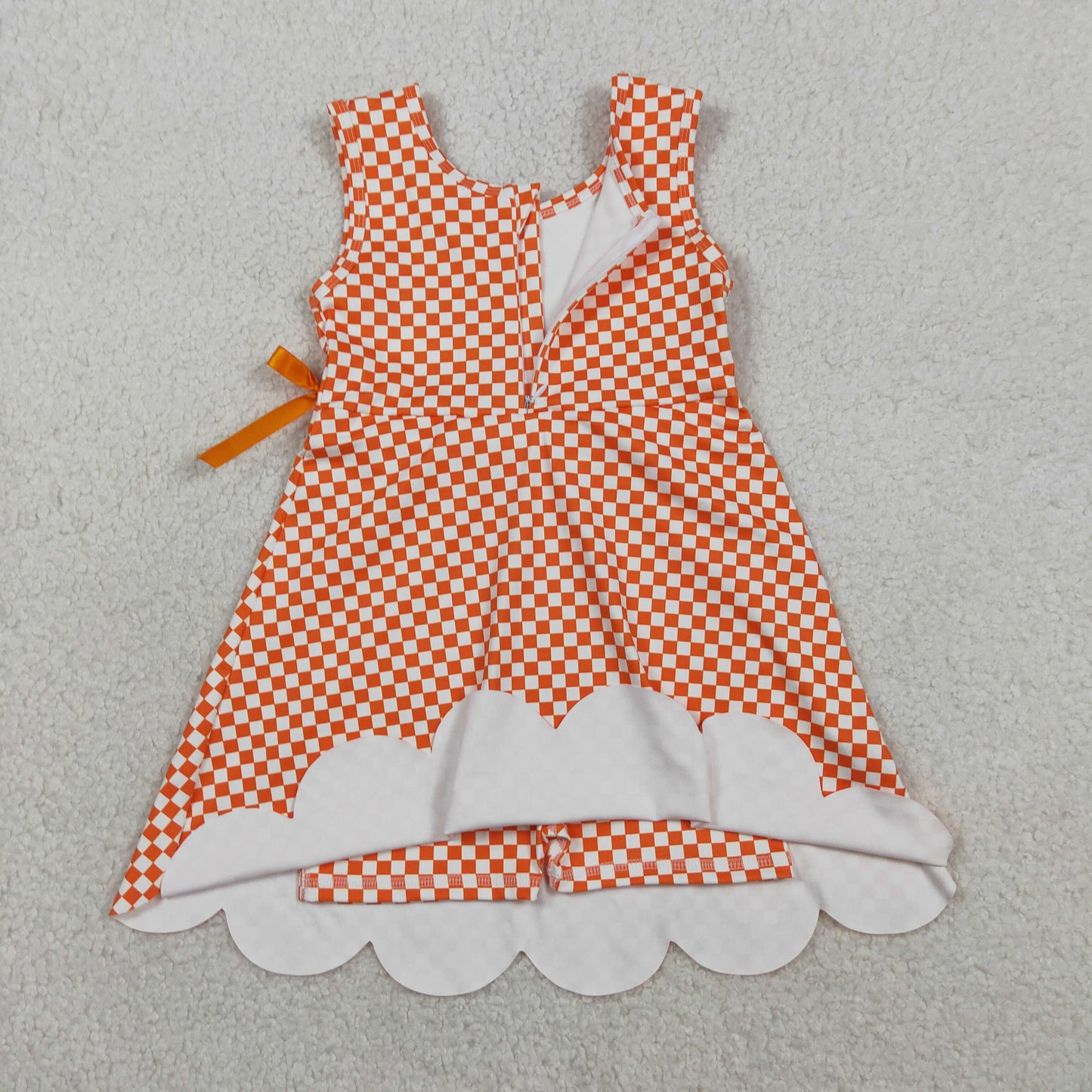 Sibling Baby Girls Blue Orange Checked Yoga Active Shorts Scallop Knee Length Dresses