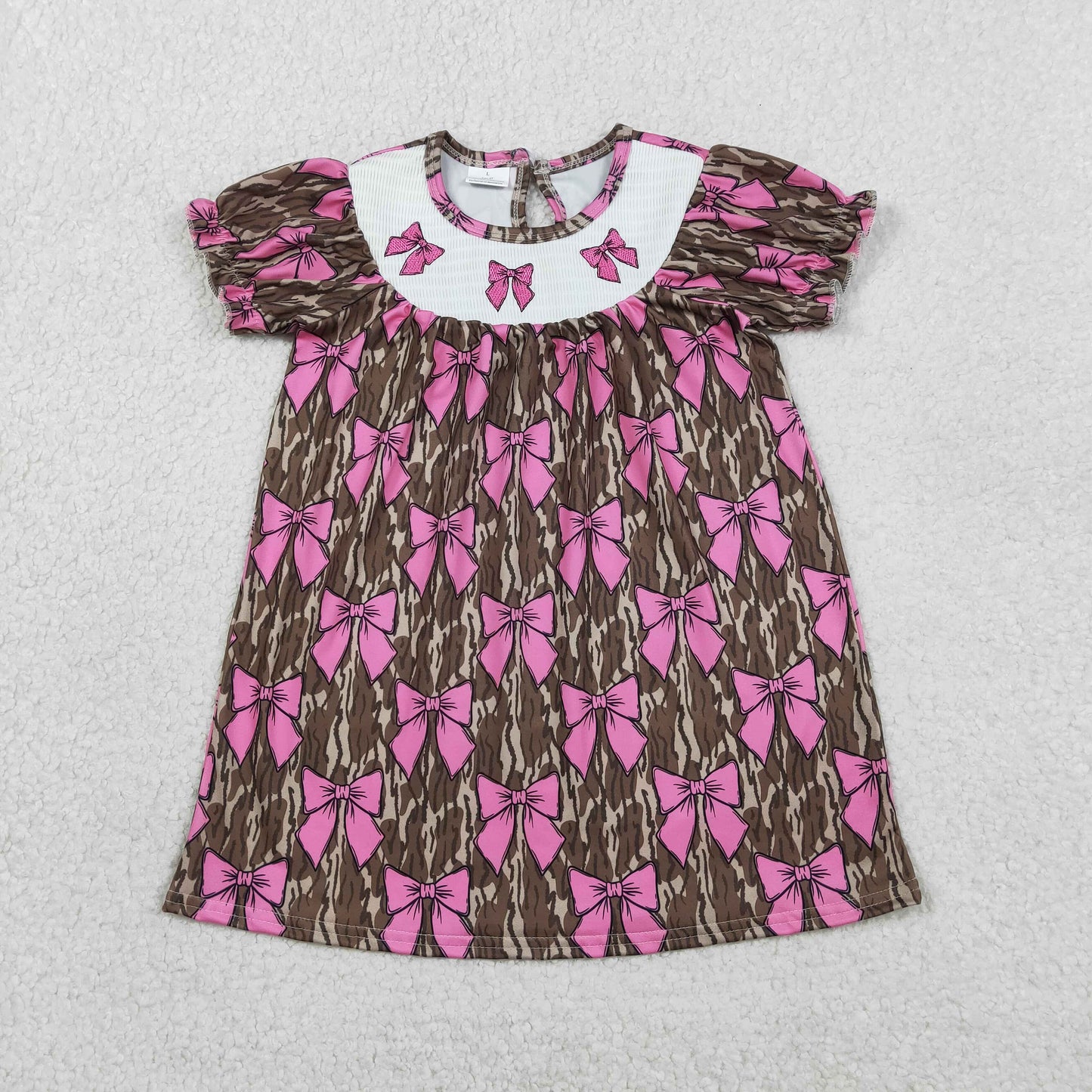 GSD3446 Smocked Bows Baby Girls Olive Camo Bows Plaid Knee Length Dresses
