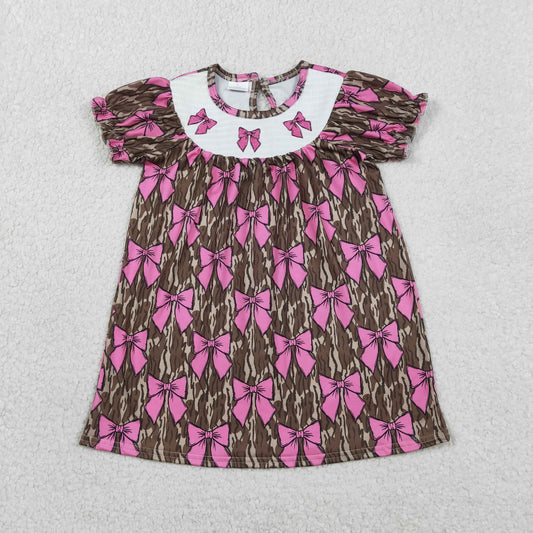 GSD3446 Smocked Bows Baby Girls Olive Camo Bows Plaid Knee Length Dresses