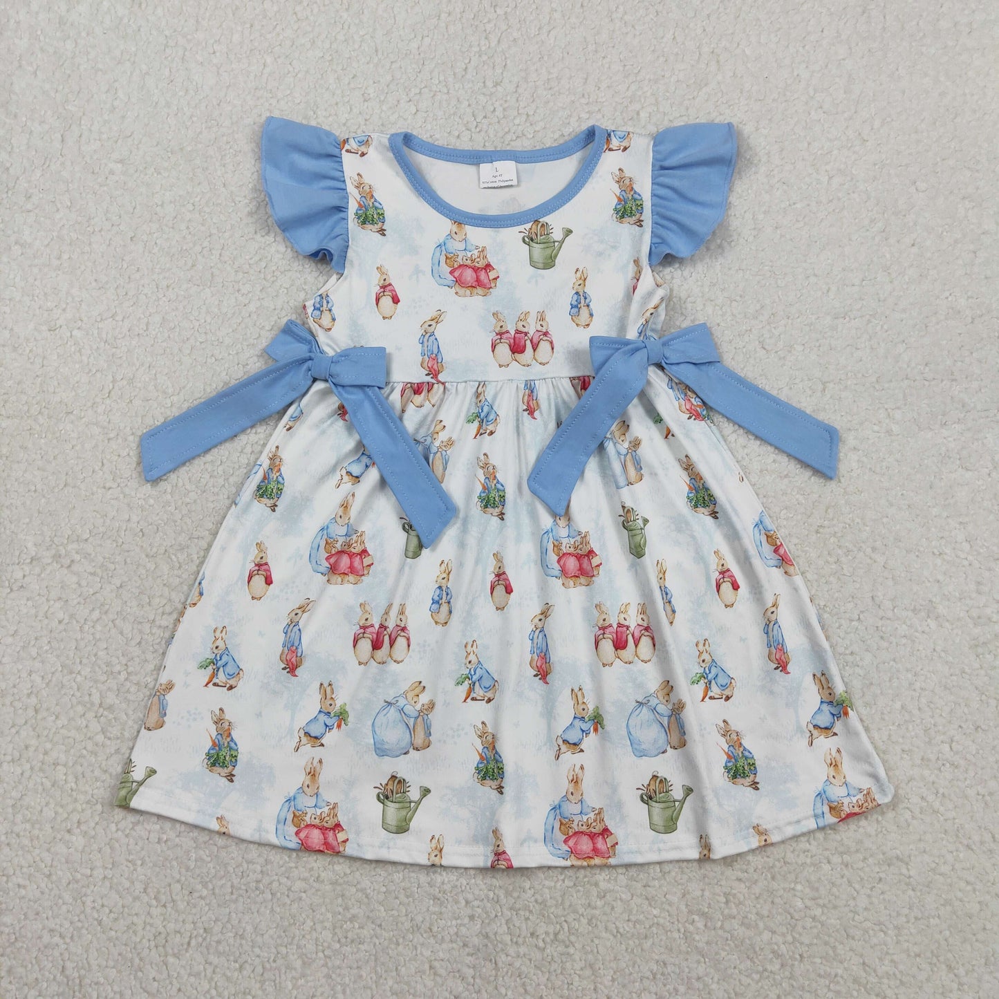 GSD3452 Baby Girls Flutter Sleeve Rabbits Eggs Easter Knee Length Dresses