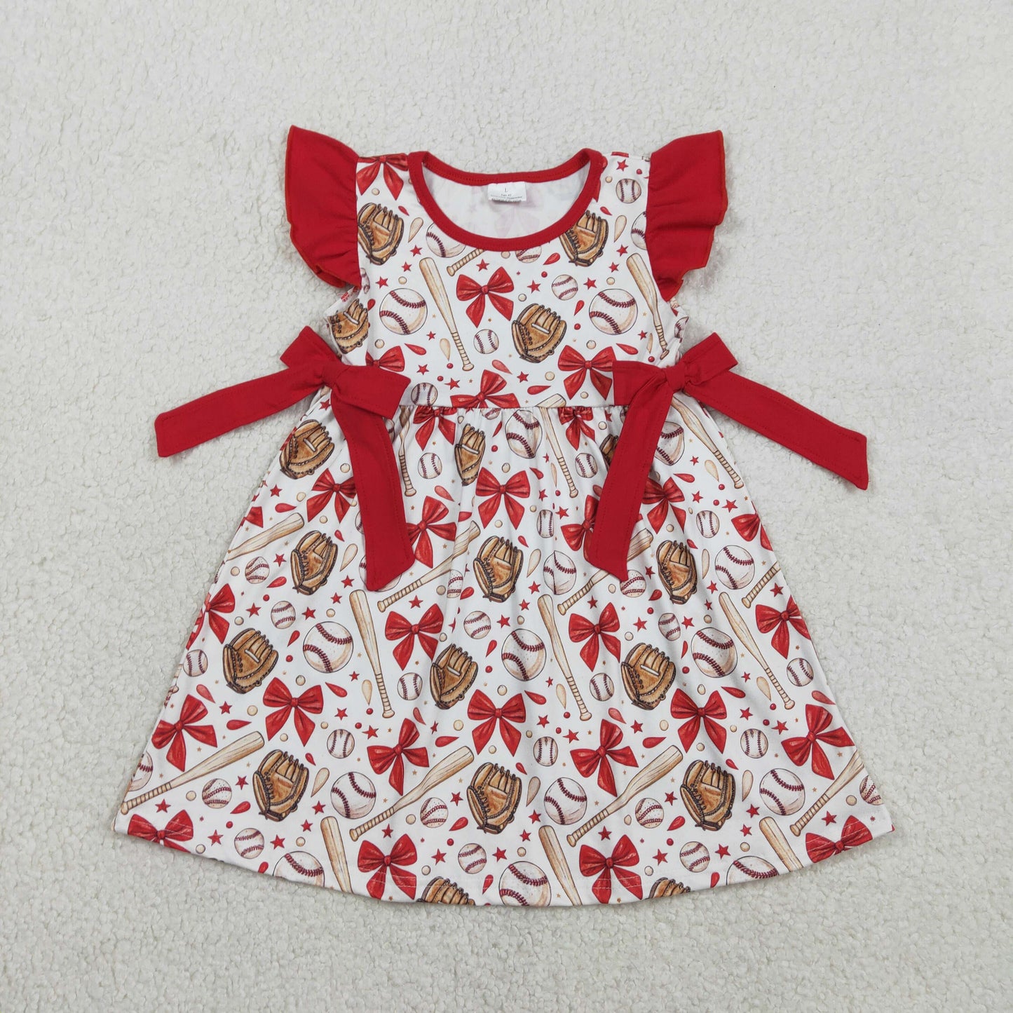 GSD3455 Baby Girls Flutter Sleeve Bow Star Baseballs Team Knee Length Dresses