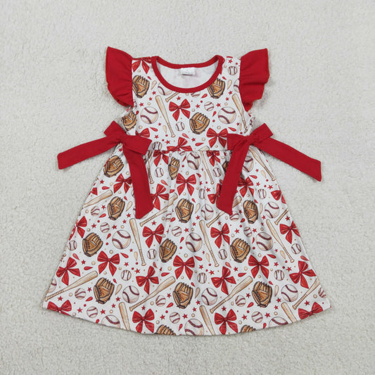 GSD3455 Baby Girls Flutter Sleeve Bow Star Baseballs Team Knee Length Dresses