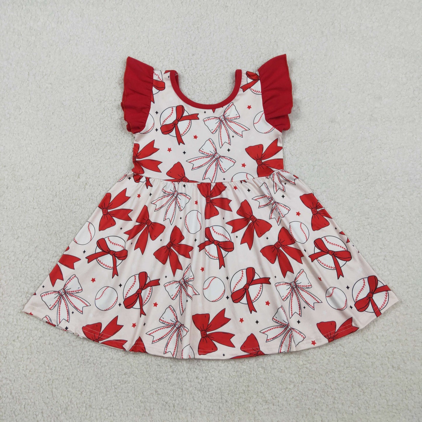 GSD3456 Baby Girls Flutter Sleeve Bows Baseballs Team Knee Length Dresses