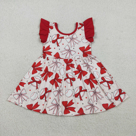GSD3456 Baby Girls Flutter Sleeve Bows Baseballs Team Knee Length Dresses