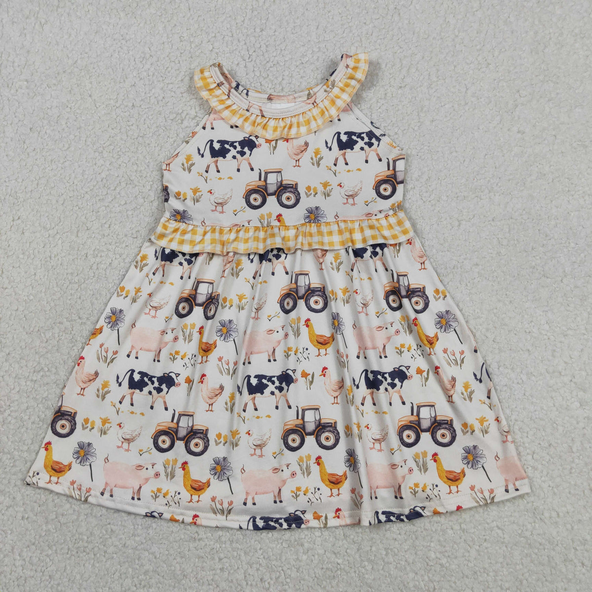 GSD3476 Baby Girls Sleeveless Cows Pigs Farm Knee Length Dresses