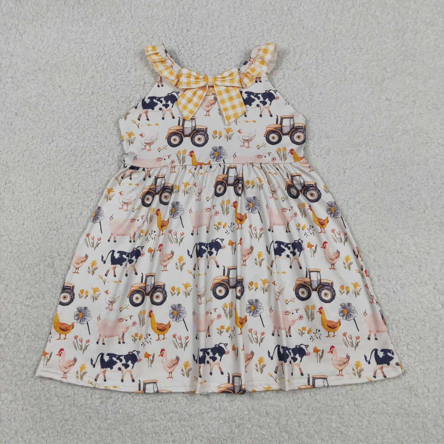 Sibling Baby Girls Pigs Cows Tunic Checked Ruffle Short Farm Clothes Set Rompers
