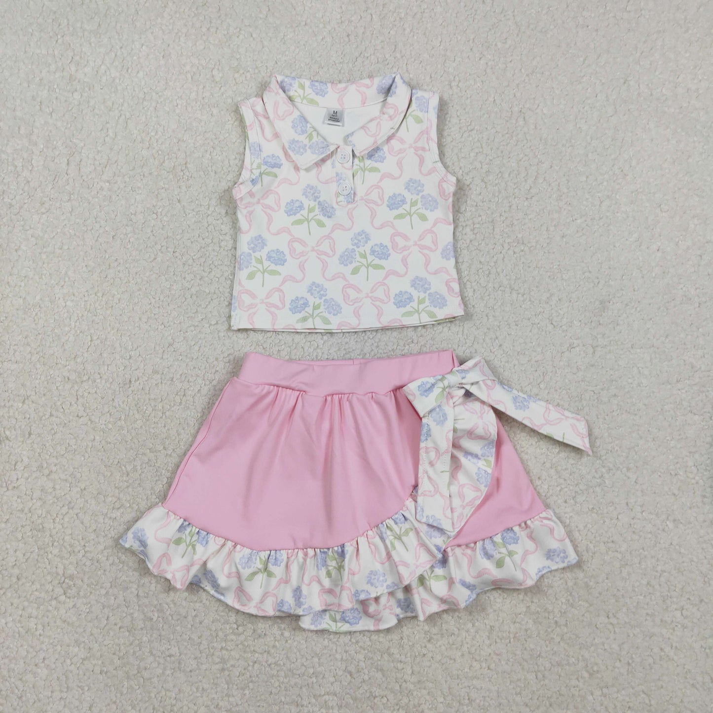 GSD3478 Baby Girls Bow Flowers Button Vests Rufle Skirt Short Yoga Active Clothes Sets