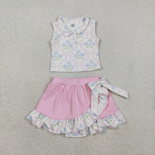 GSD3478 Baby Girls Bow Flowers Button Vests Rufle Skirt Short Yoga Active Clothes Sets