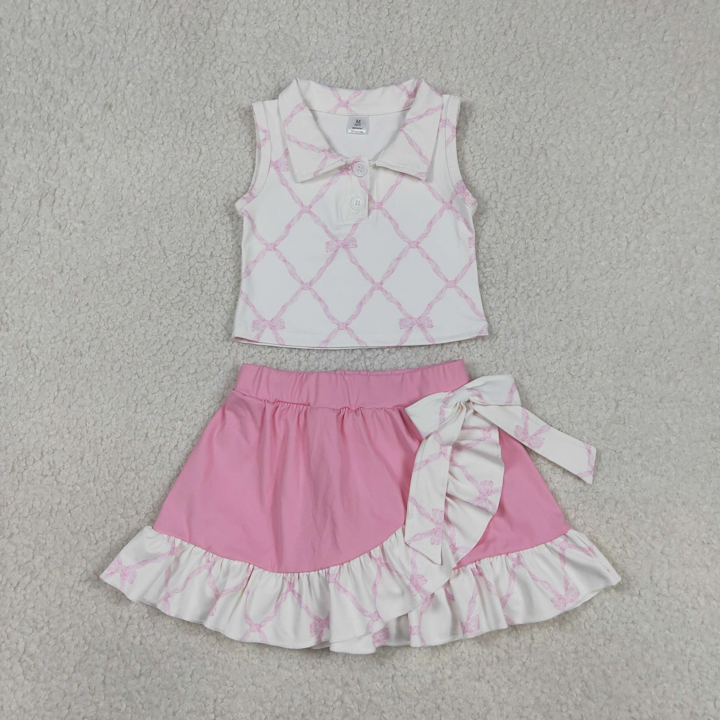 GSD3479 Baby Girls Pink Bows Checked Button Vest Ruffle Bows Skirt Short Yoga Active Clothes Sets