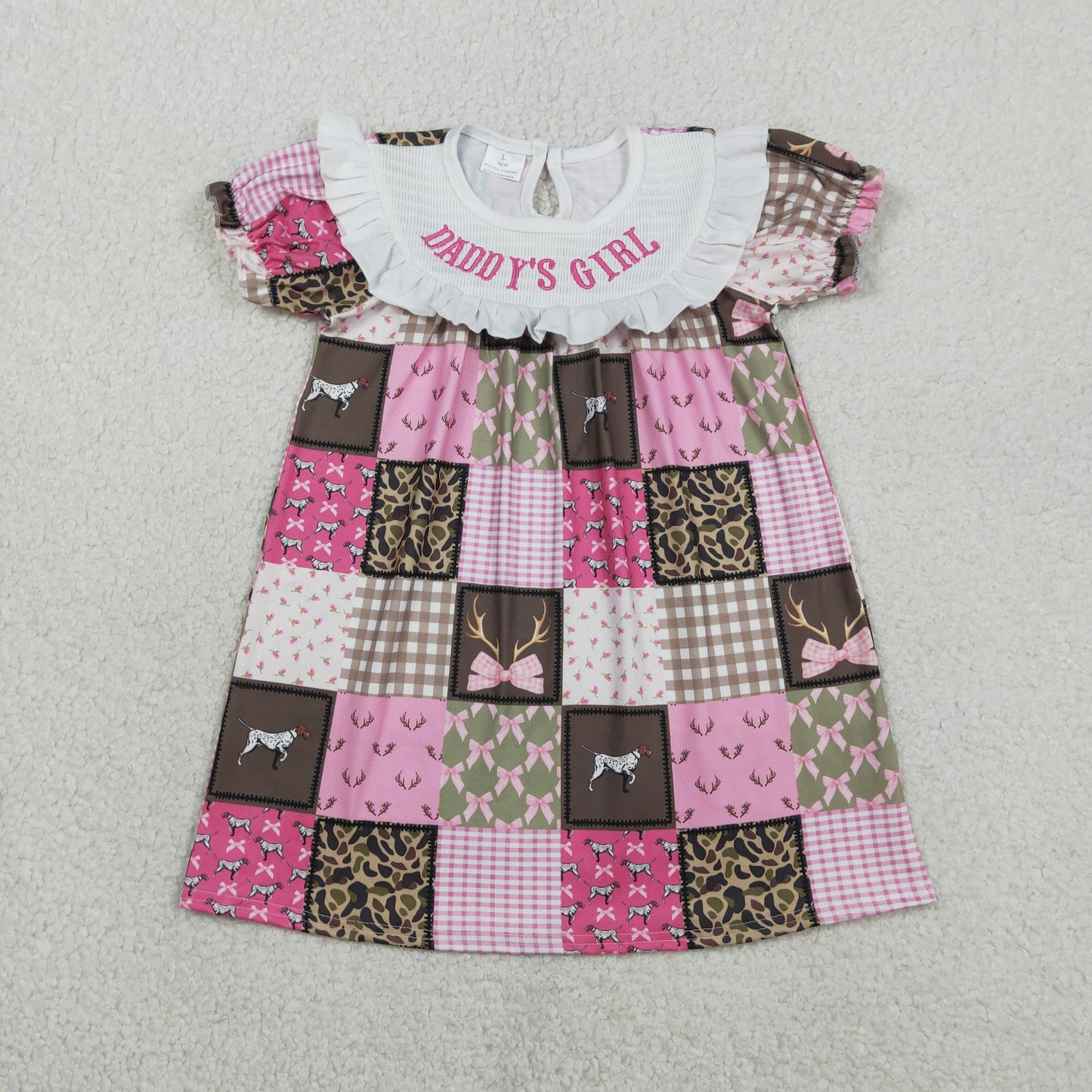 GSD3484 Smocked Daddy's Girl Bows Deer Dogs Checked Hunting Knee Length Dress