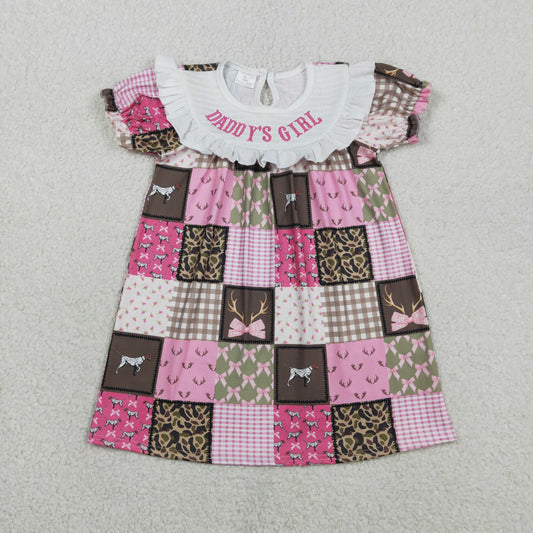 GSD3484 Smocked Daddy's Girl Bows Deer Dogs Checked Hunting Knee Length Dress