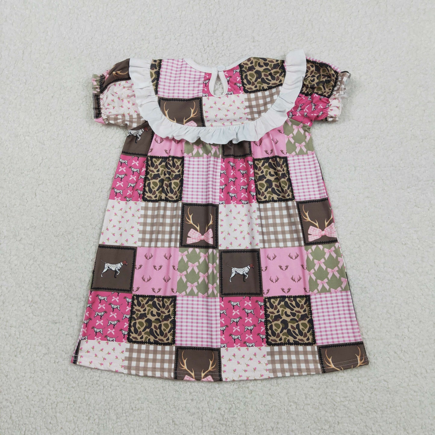 GSD3484 Smocked Daddy's Girl Bows Deer Dogs Checked Hunting Knee Length Dress