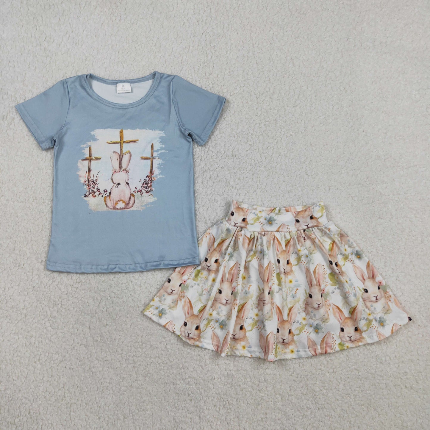 GSD3486 Baby Girls Short Sleeve Crosses Rabbit Top Skirt Shorts Easter Clothes Sets