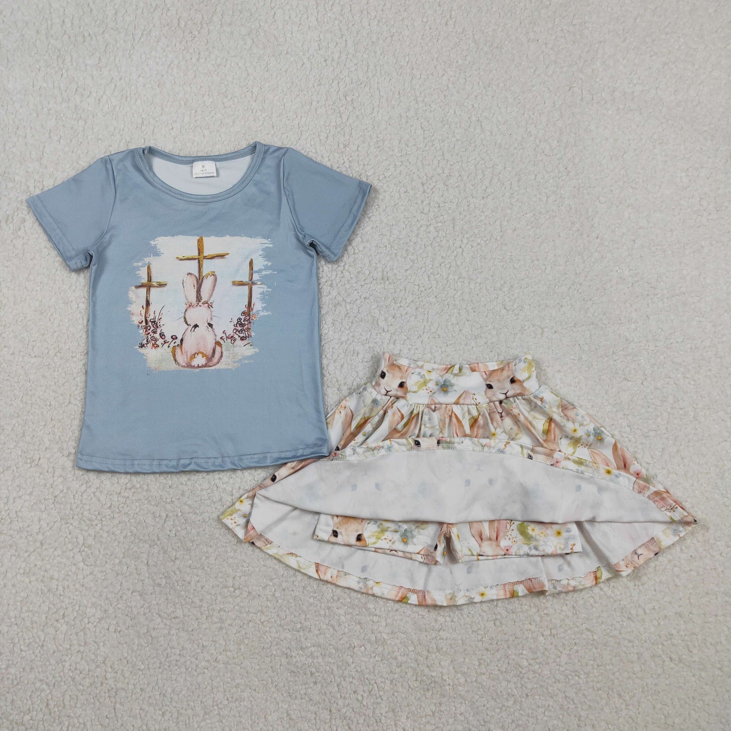 GSD3486 Baby Girls Short Sleeve Crosses Rabbit Top Skirt Shorts Easter Clothes Sets