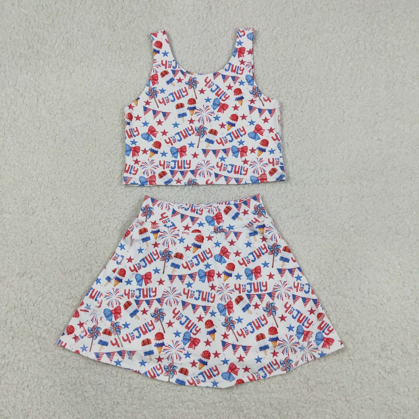 GSD3498 Baby Girls Stars Flags Vests Top Skirt Short 4th of July Yoga Active Clothes Sets