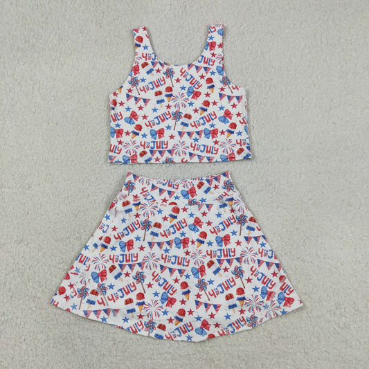 GSD3498 Baby Girls Stars Flags Vests Top Skirt Short 4th of July Yoga Active Clothes Sets