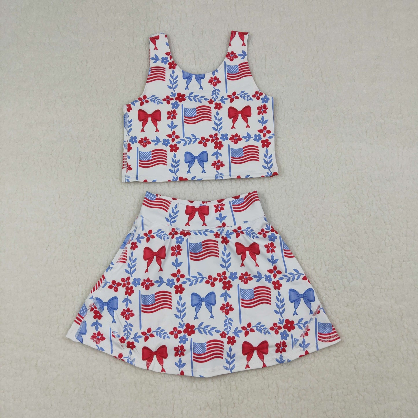 GSD3499 Baby Girls Flowers Flags Vests Top Skirt Short 4th of July Yoga Active Clothes Sets