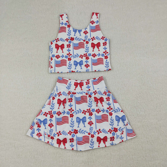 GSD3499 Baby Girls Flowers Flags Vests Top Skirt Short 4th of July Yoga Active Clothes Sets