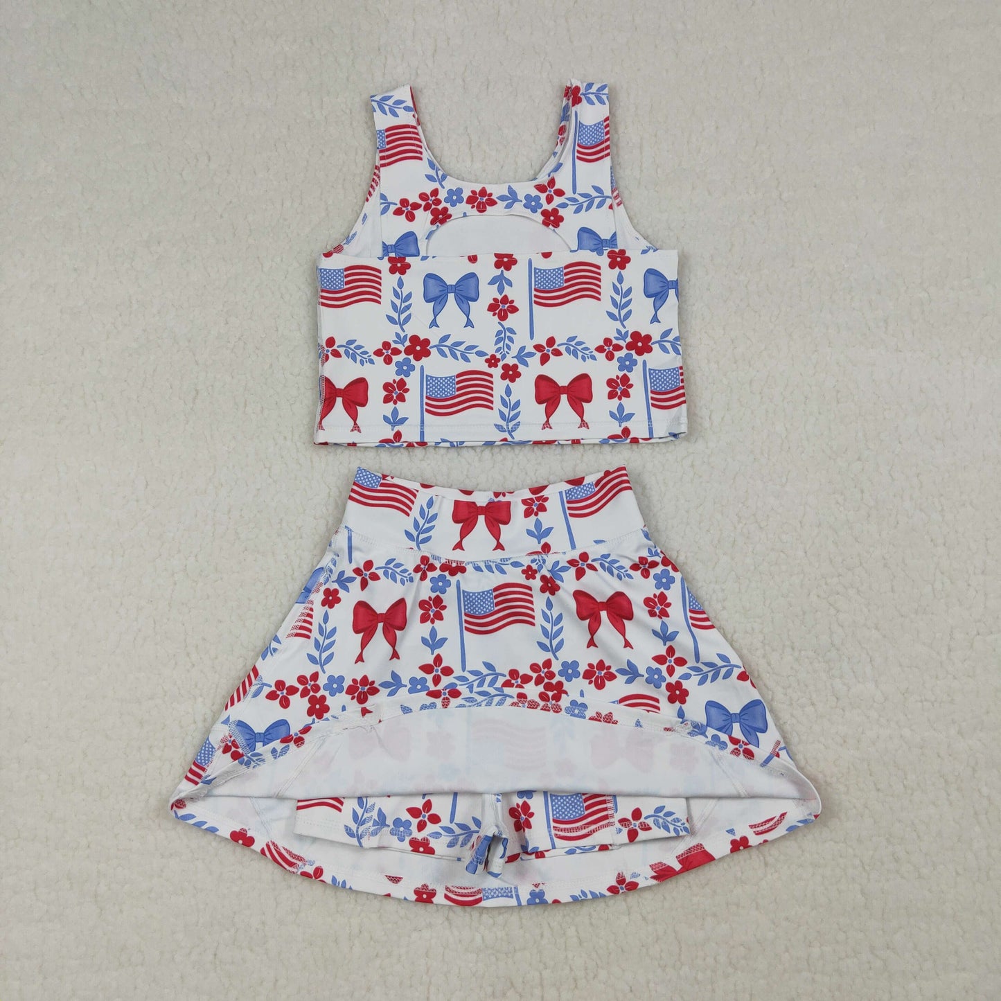 GSD3499 Baby Girls Flowers Flags Vests Top Skirt Short 4th of July Yoga Active Clothes Sets