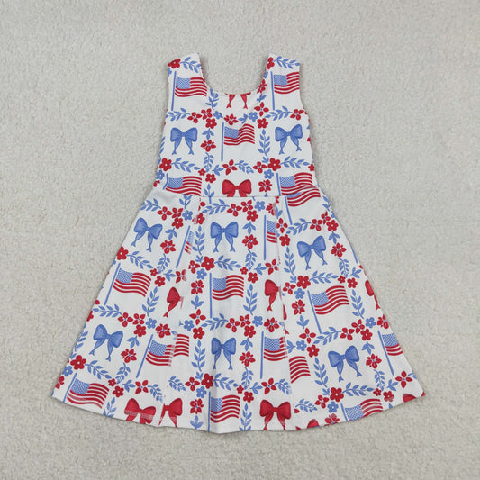 GSD3500 Baby Girls Flag Bows Checked 4th of July Yoga Active Shorts Knee Length Dress