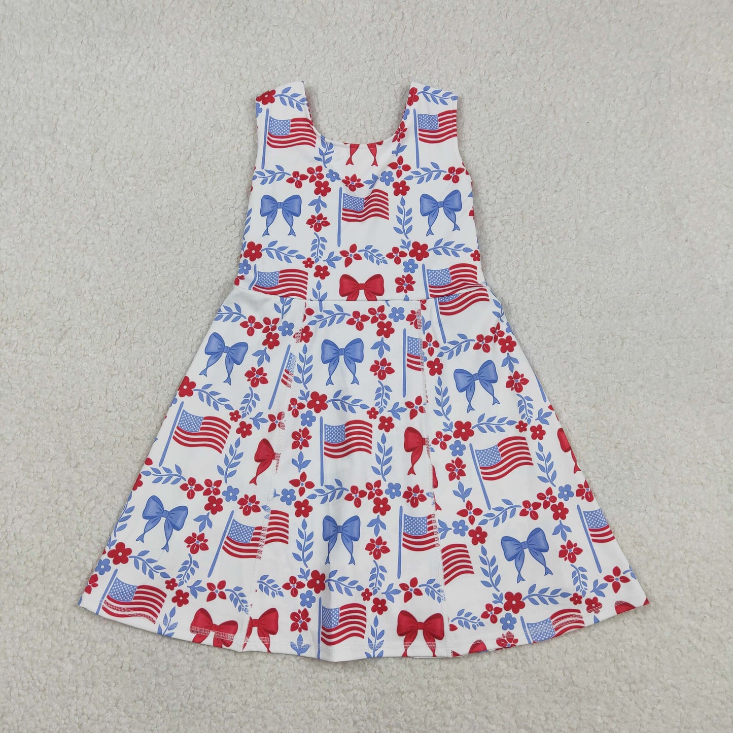 Sibling Baby Girls Flag Flower Bows Checked Pockets Short 4th of July Clothes Set Active Dresses