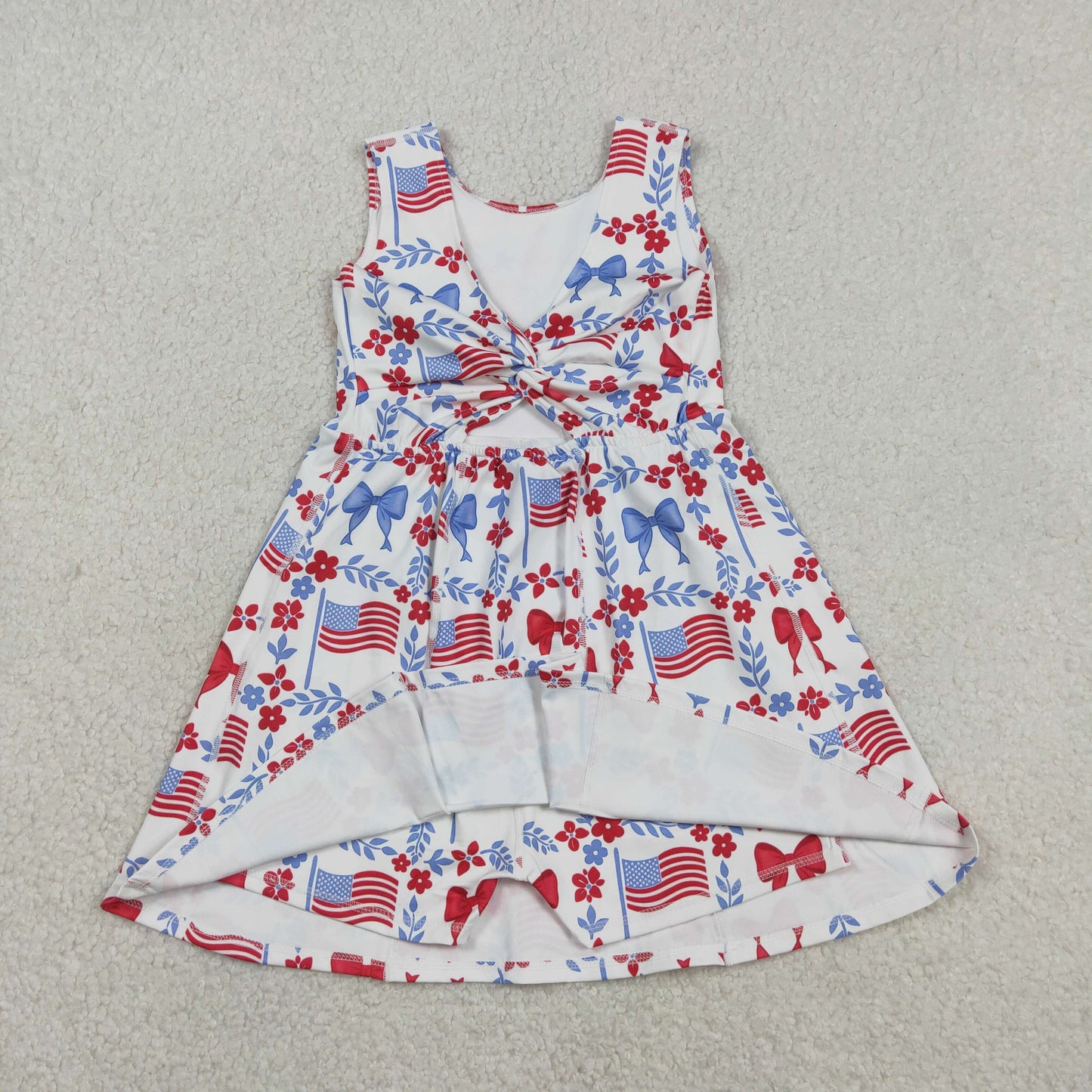 GSD3500 Baby Girls Flag Bows Checked 4th of July Yoga Active Shorts Knee Length Dress