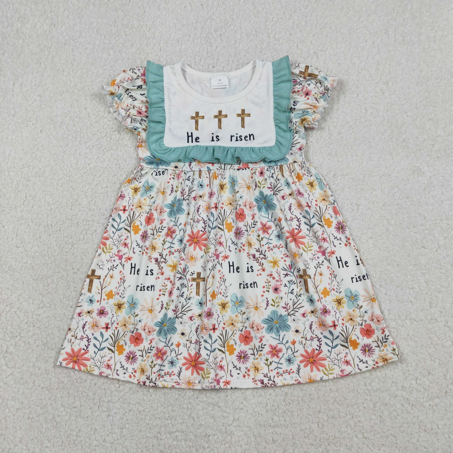 GSD3504 Baby Girls Colorful Flowers Crosses He is Risen Easter Knee Length Dresses