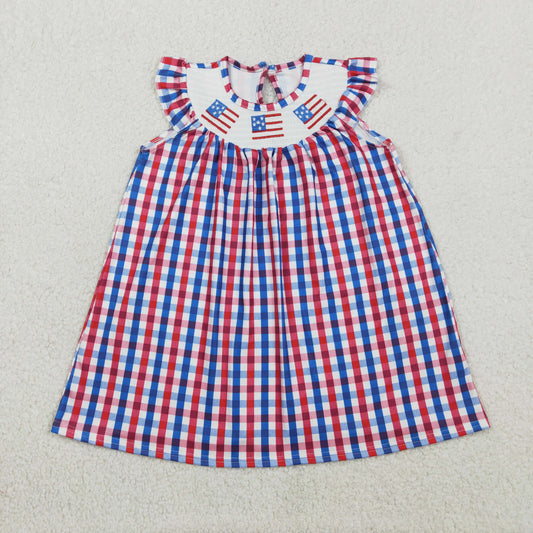 GSD3506 Smocked Flags Baby Girls Red Blue Checked 4th of July Knee Length Dress