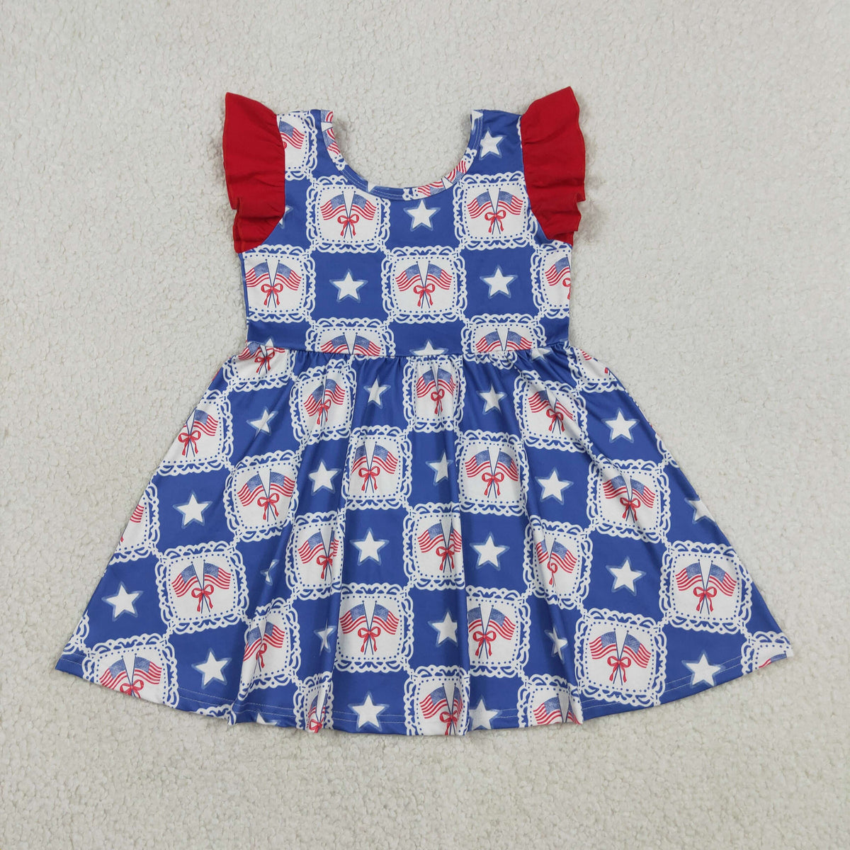 GSD3514 Baby Girls Flutter Sleeve Bows Flags Stars 4th of July Knee Length Dresses