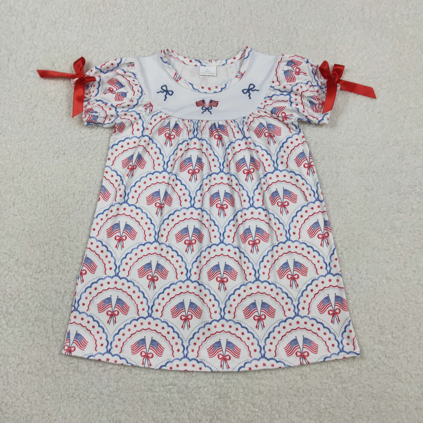 GSD3525 Baby Girls Embroidery Bows Flags 4th of July Checked Knee Length Dresses