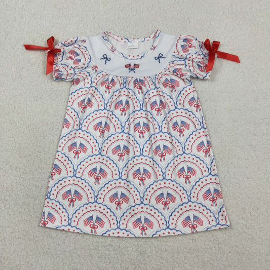 GSD3525 Baby Girls Embroidery Bows Flags 4th of July Checked Knee Length Dresses