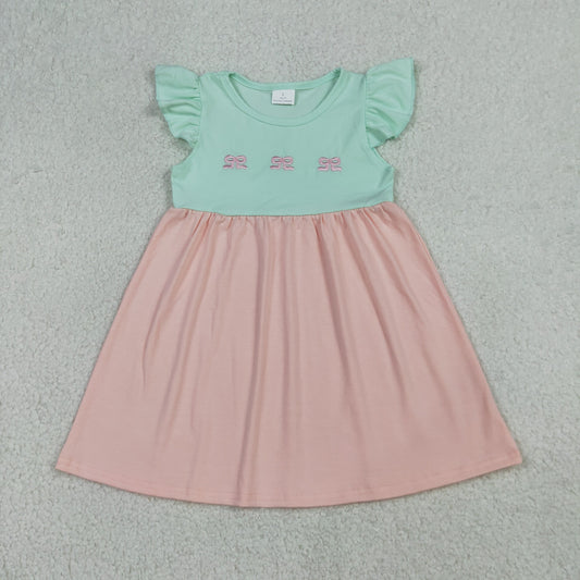 GSD3530 Baby Girls Flutter Sleeve Embroidery Bows Patchwork Knee Length Dresses