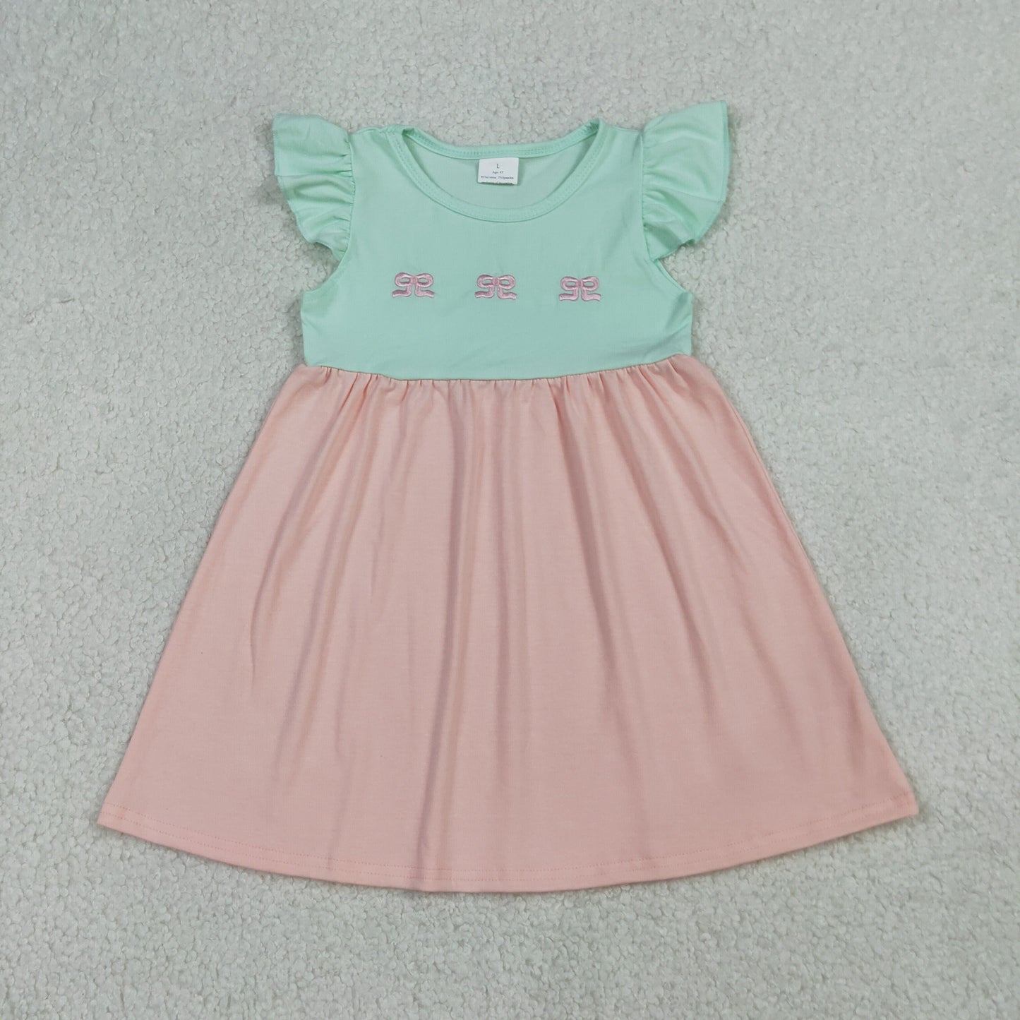 Sibling Baby Girls Flutter Sleeves Embroidery Bows Knee Length Dress Ruffle Rompers