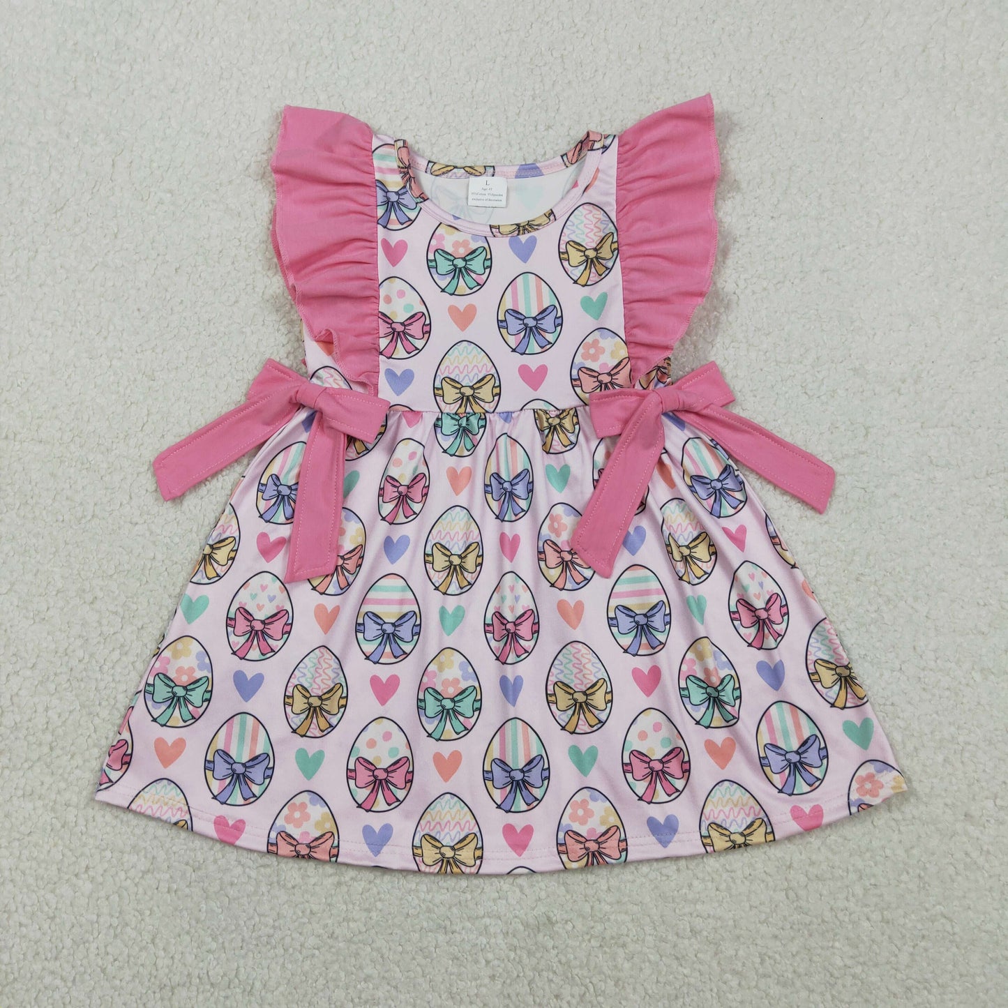 GSD3537 Baby Girls Flutter Sleeve Colorful Eggs Bows Easter Knee Length Dresses