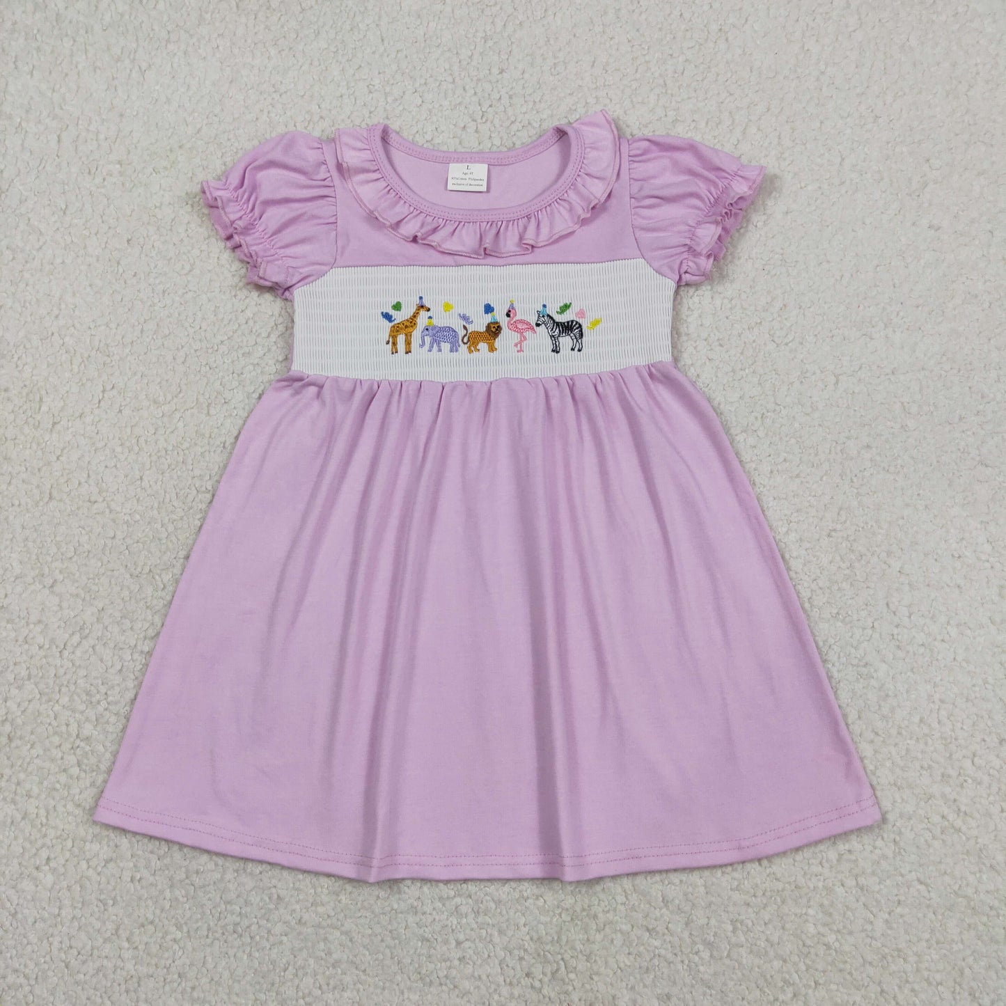 GSD3578 Baby Girls Lavender Short Ruffle Sleeve Smocked Animals Knee Length Dresses