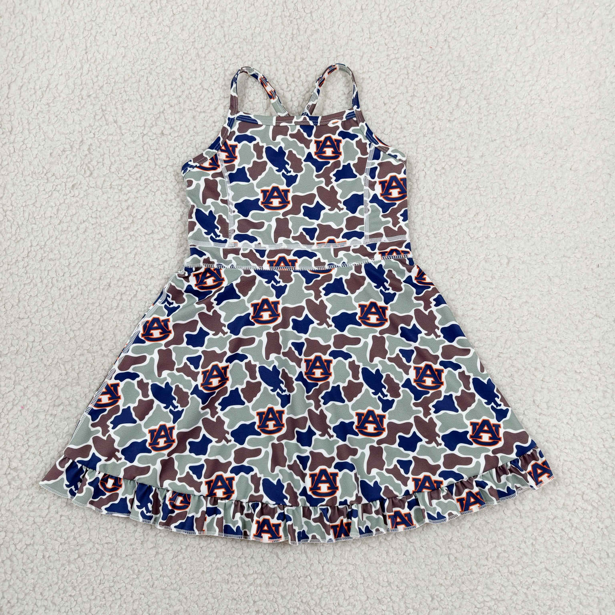 GSD3588 Baby Girls Strap Auburn Camo Team Yoga Active Short Ruffle Knee Length Dress
