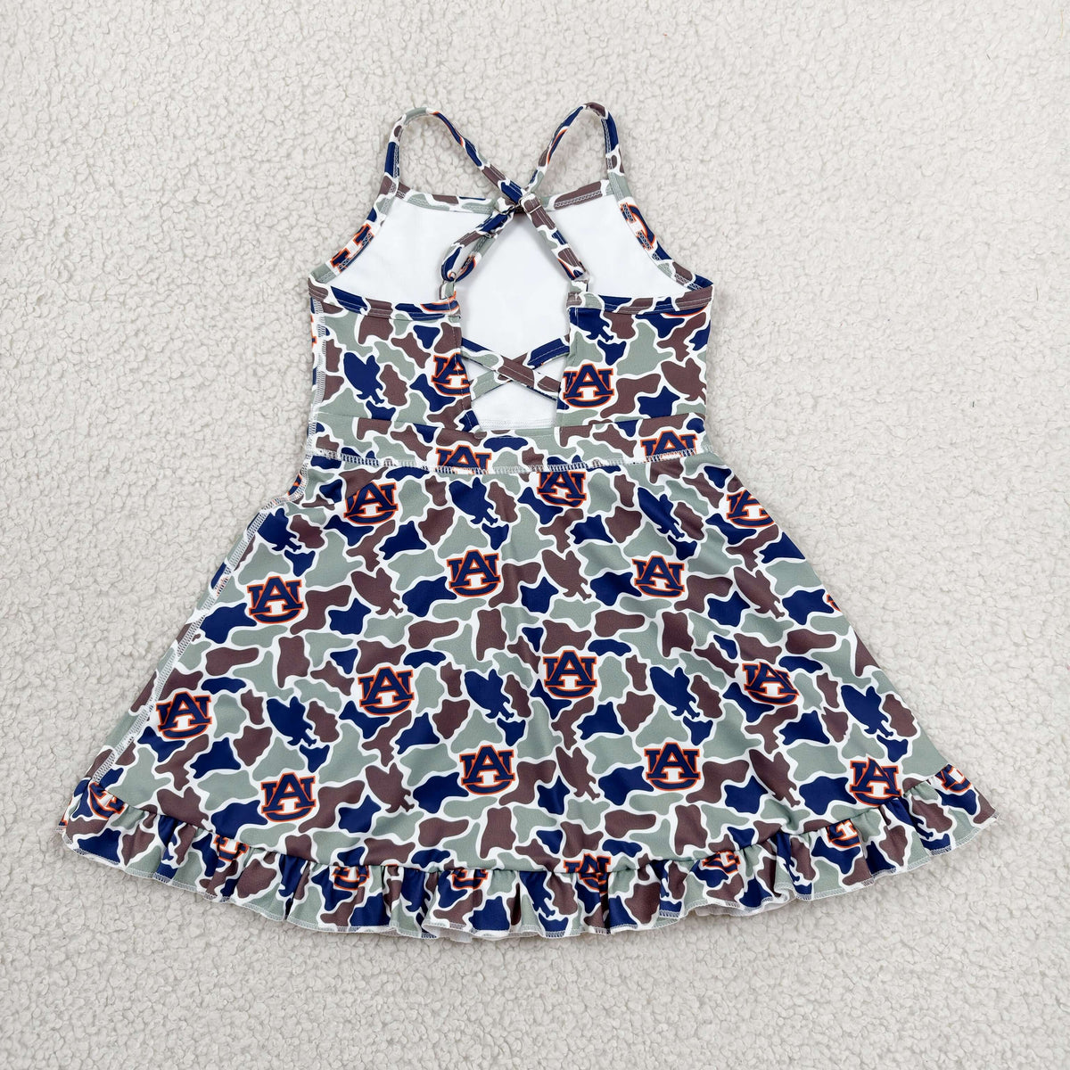 GSD3588 Baby Girls Strap Auburn Camo Team Yoga Active Short Ruffle Knee Length Dress