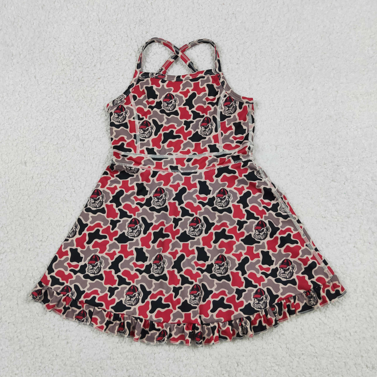 GSD3593 Baby Girls Strap Georgia Camo Team Yoga Active Short Ruffle Knee Length Dress