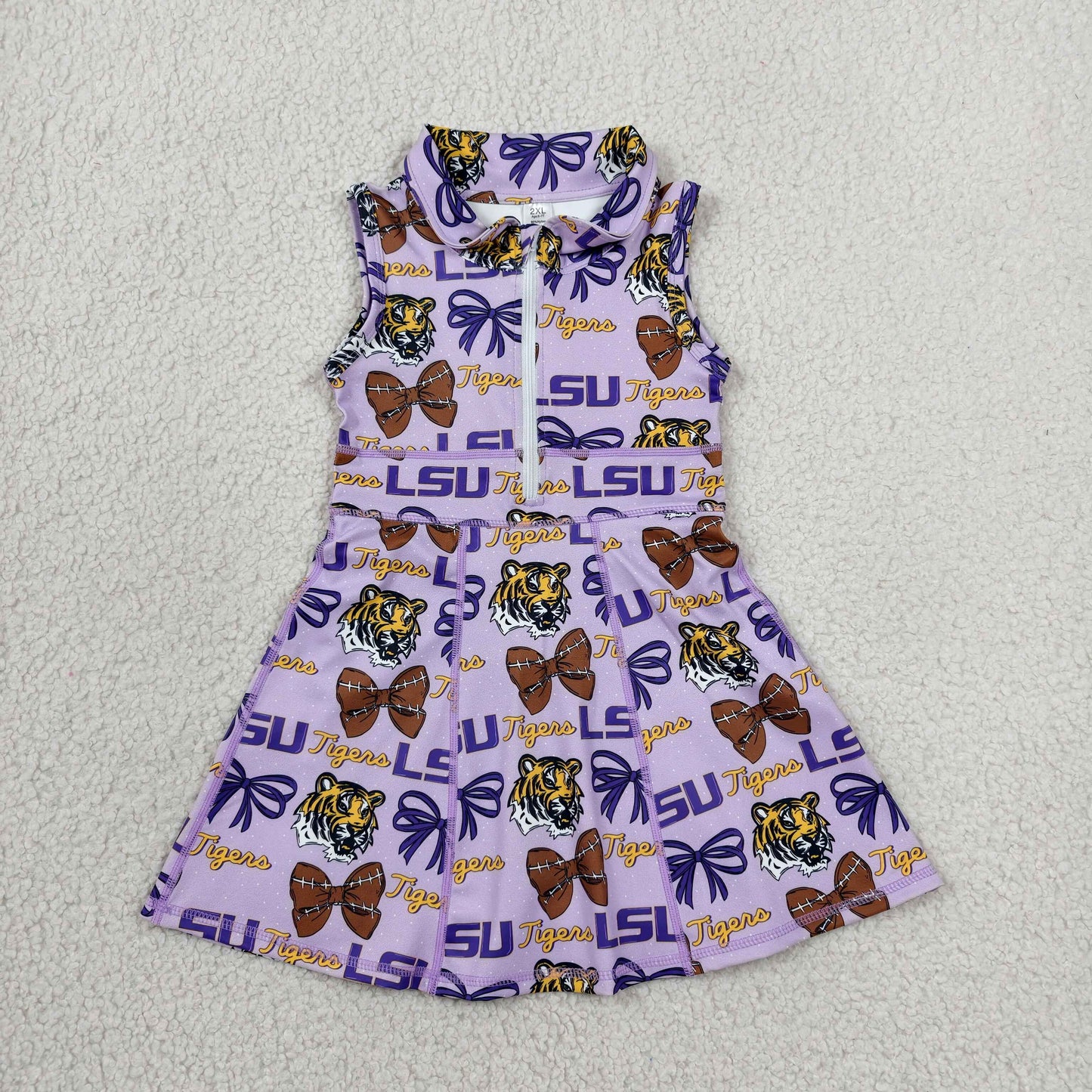 Sibling Baby Girls Sleeveless Zip LSU Leaves Yoga Active Short Knee Length Dresses