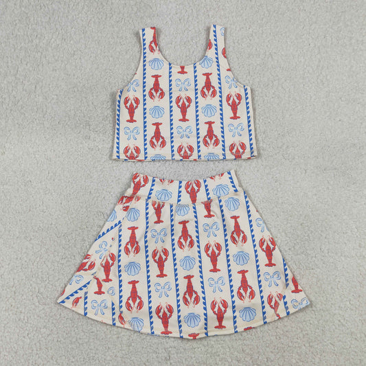 GSD3626 Baby Girls Bows Crayfishes Stripe Vests Top Skirt Short Yoga Active Clothes Sets